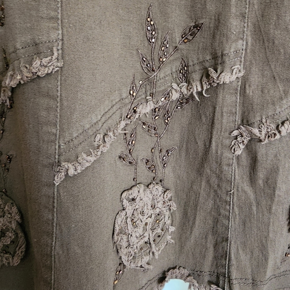 STREAM Medium Brown Beaded Embroidered Midi Skirt Raw Hem Boho Floral Appliqué - Picture 8 of 11